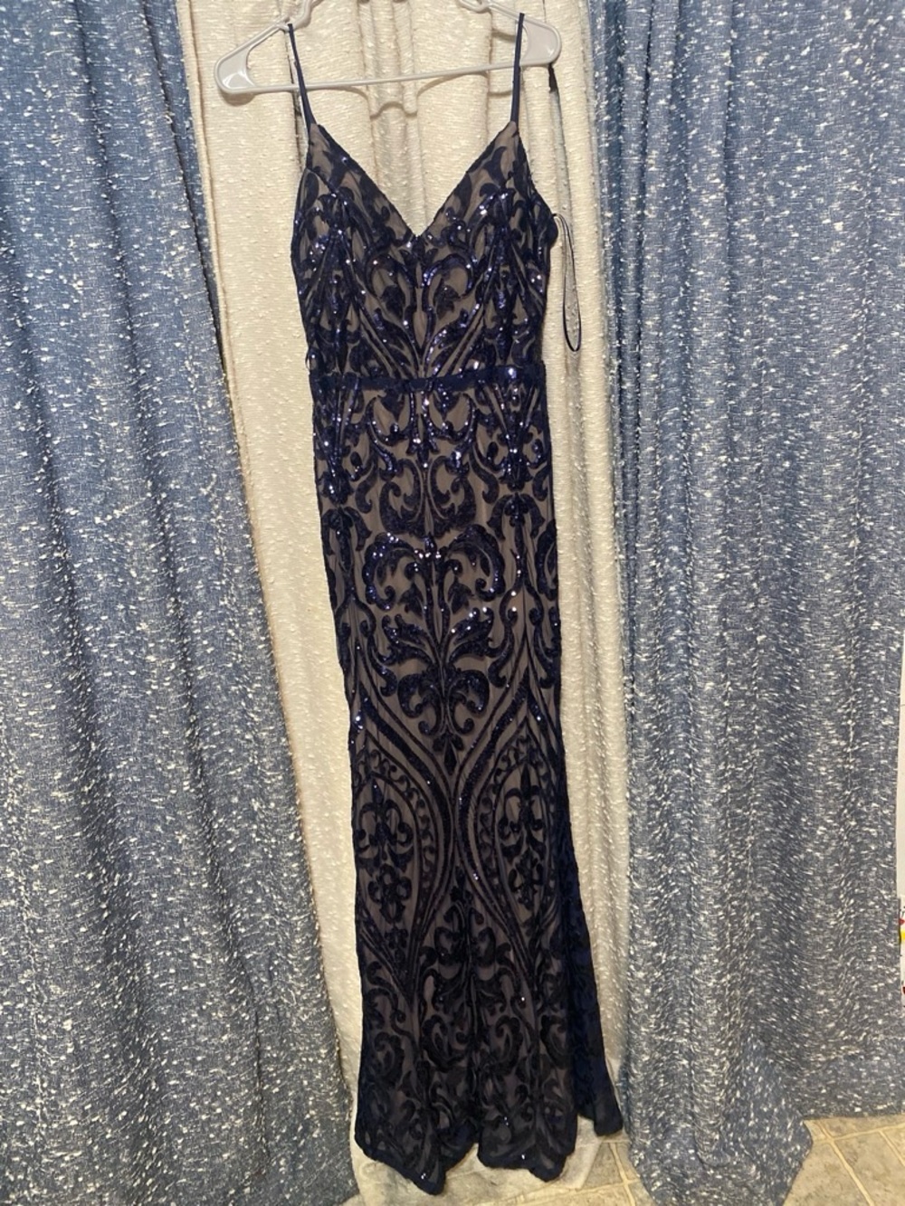 Navy Sequin V-Neck Maxi Dress with Intricate Velvet Motif